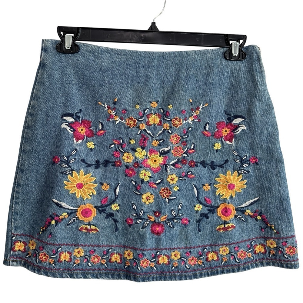 Harper Heritage Skirt Womens Size Large Floral Embroidered Jean Denim Mini Boho